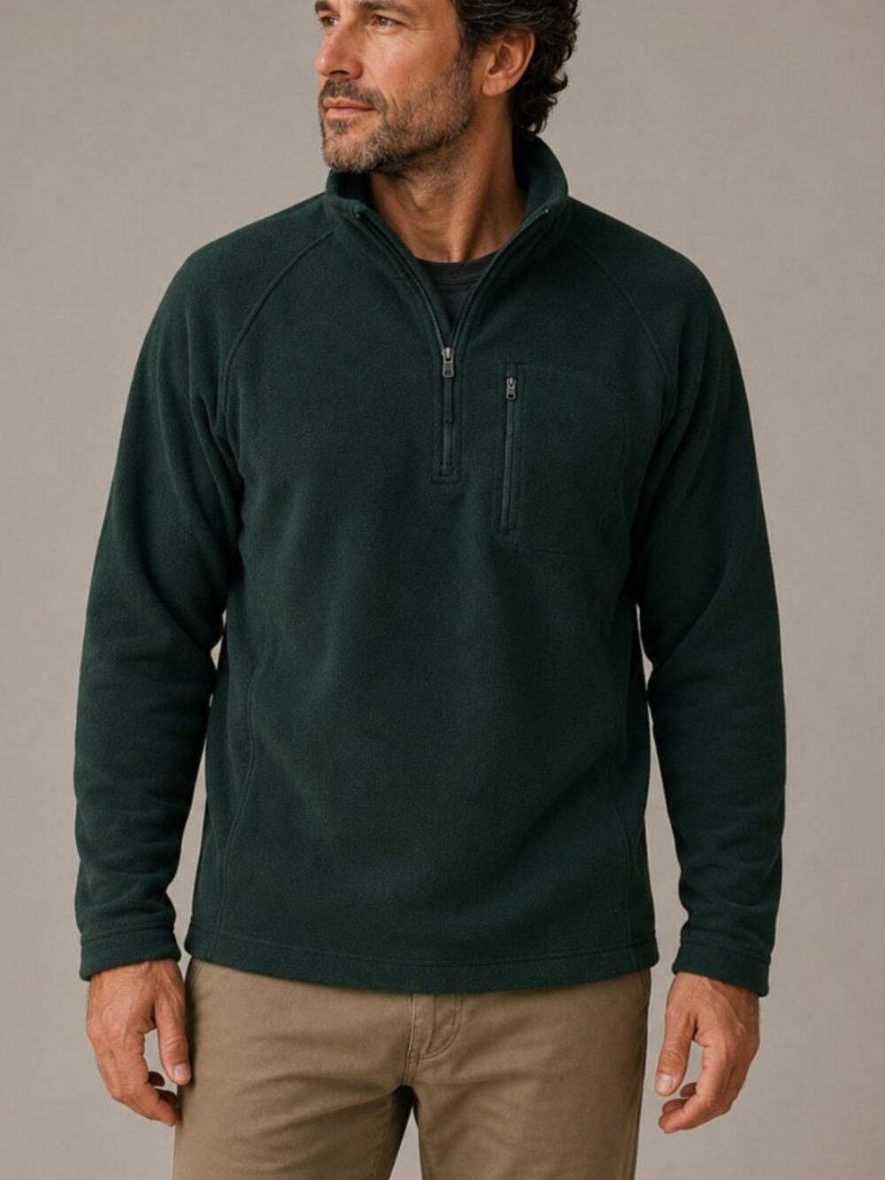LL Bean Men's Green 1/4 Zip Fleece Pullover Pocket Mock Neck / size Large Tall